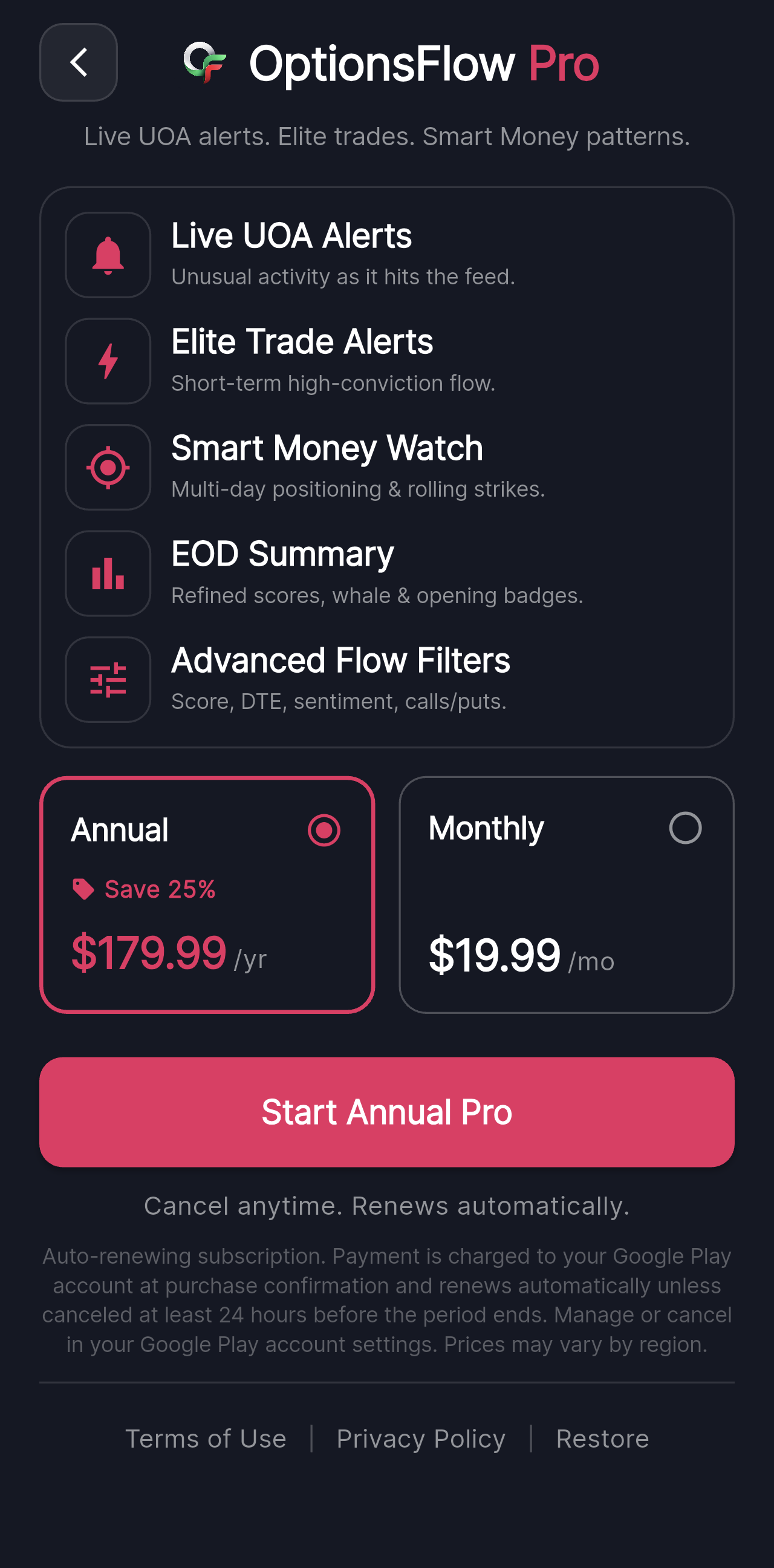 OptionsFlow Pro subscription screen